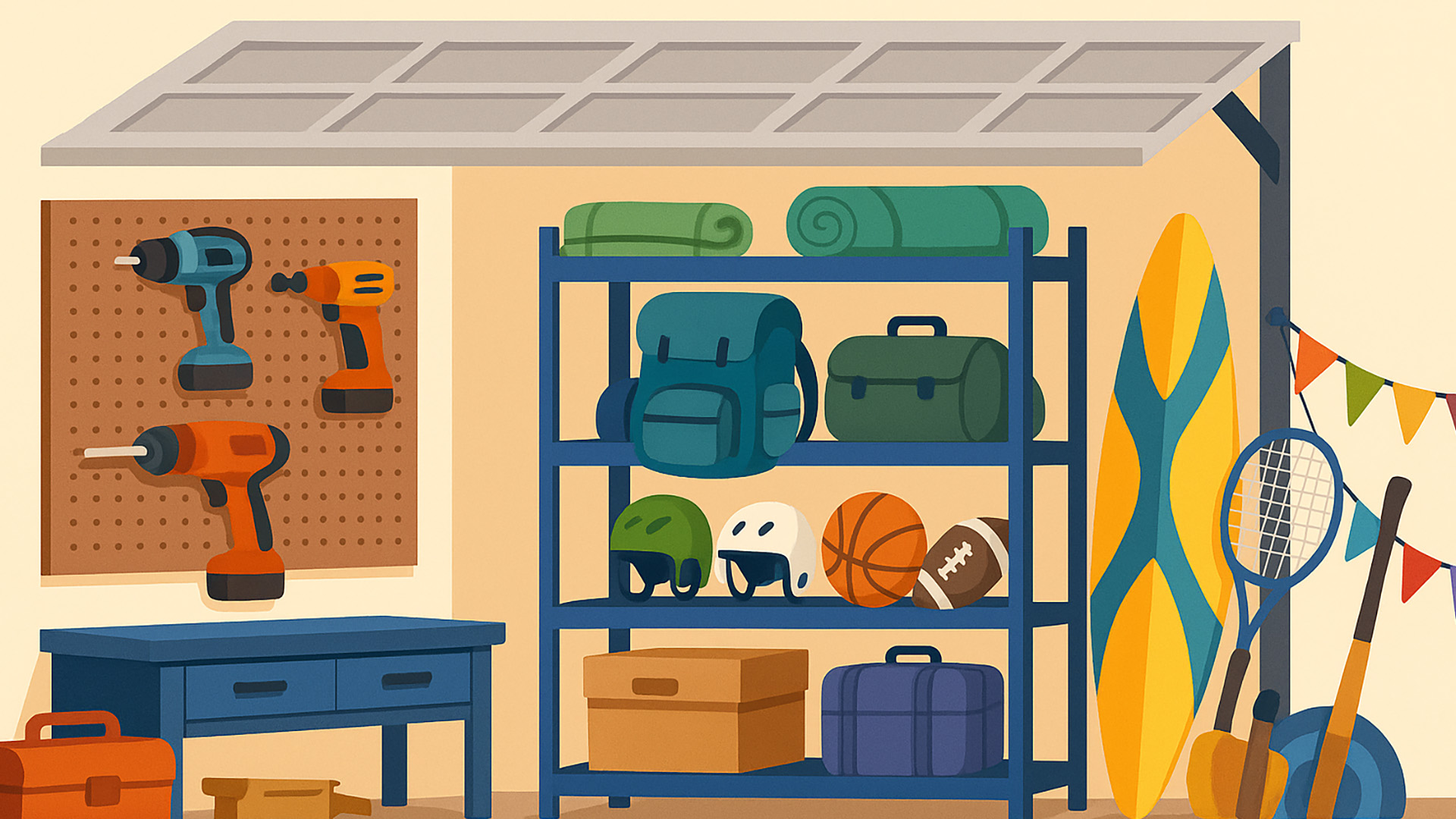 Organized garage with various tools and equipment